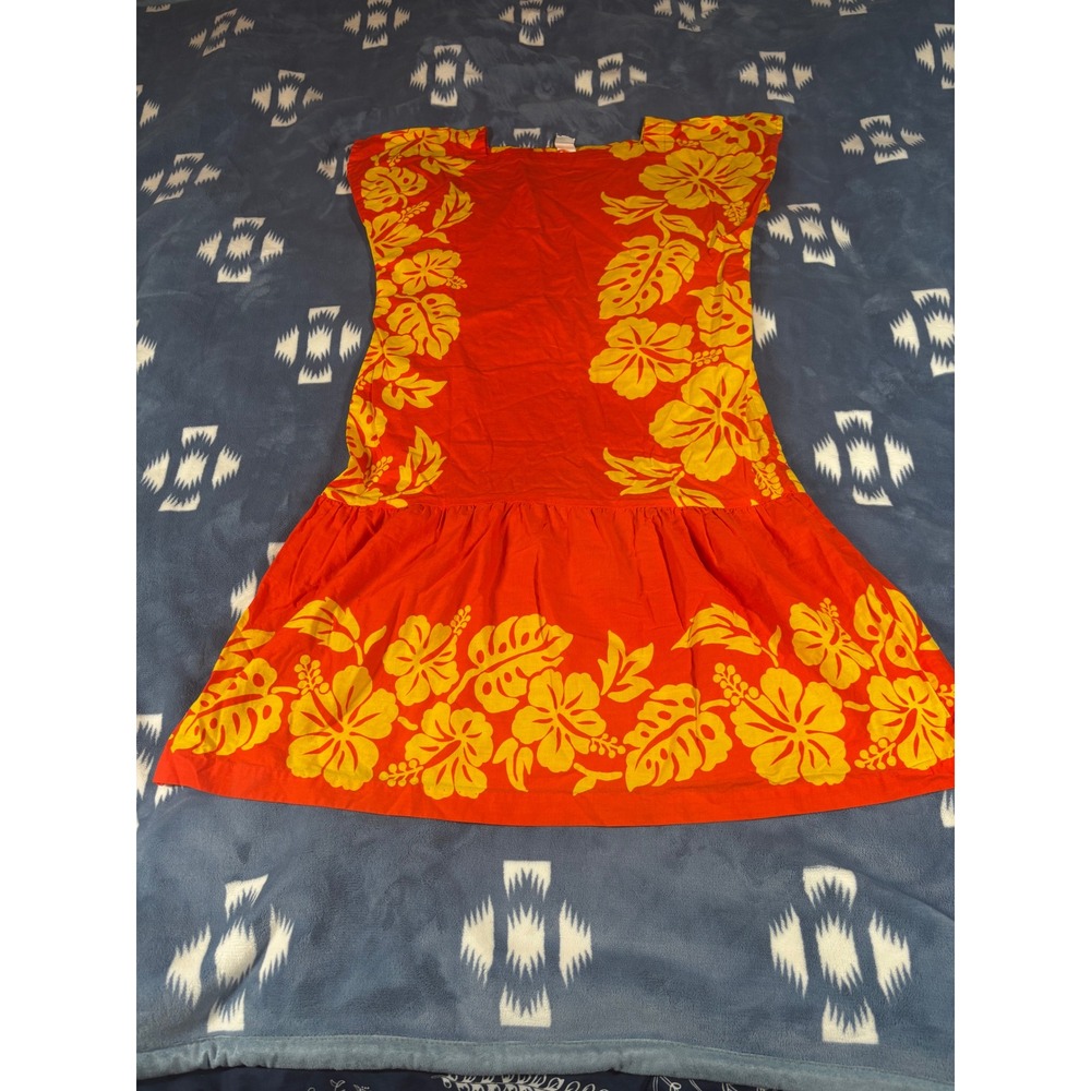Vintage Orange Yellow Tropical Hibiscus Floral Drop Waist Shift Dress Sleeveless